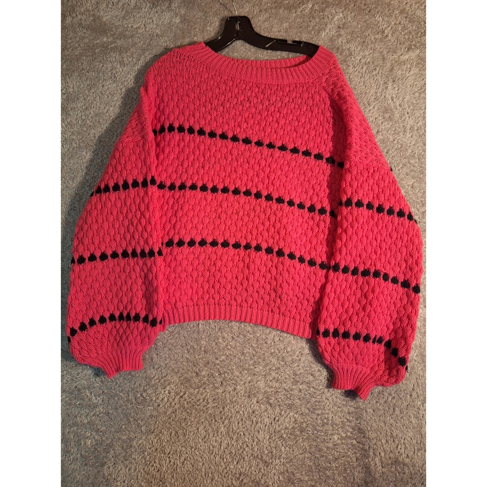 Pink Popcorn Knit Heart Stripe Sweater XL Balloon Sleeve Cropped H2F608 Coquette
